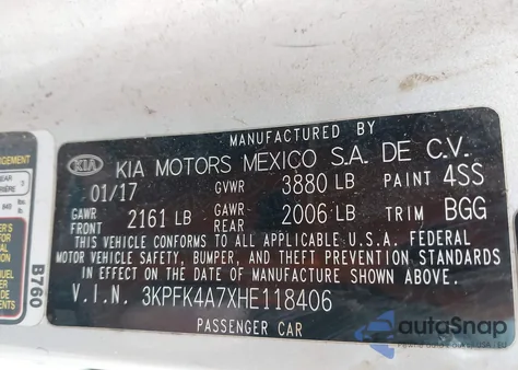 2017 Kia Forte Lx z USA, uszkodzony, nr VIN 3KPFK4A7XHE118406